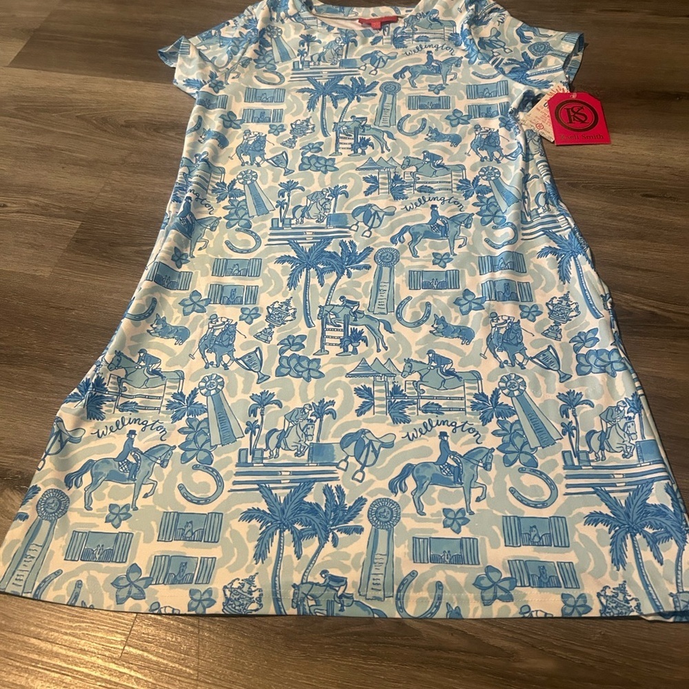 Kaeli Smith Blue and White Equestrian Print Midi Dress - Picture 2 of 7